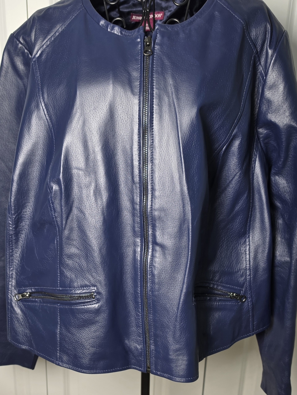 Beautiful Jessica London genuine leather jacket in a rich cobalt blue